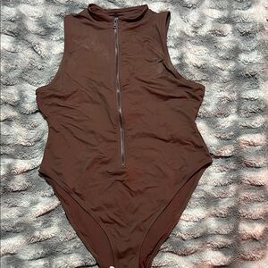 Skims Brown Sleeveless Zip-Up swimsuit